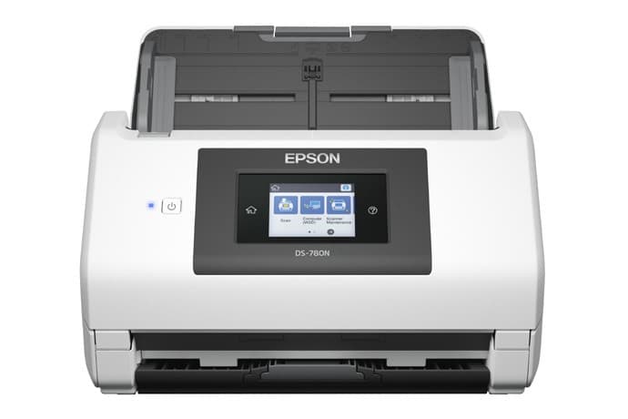 Escáner Epson DS-780N vista frontal de cerca con pantalla táctil