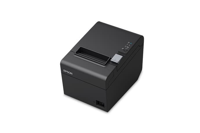 Impresora térmica Epson TM-T20III vista en ángulo con la tapa de papel y el cortador