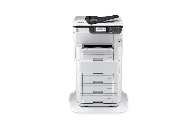 Epson WorkForce Pro WF-C878R vista frontal con gabinete y bandejas opcionales