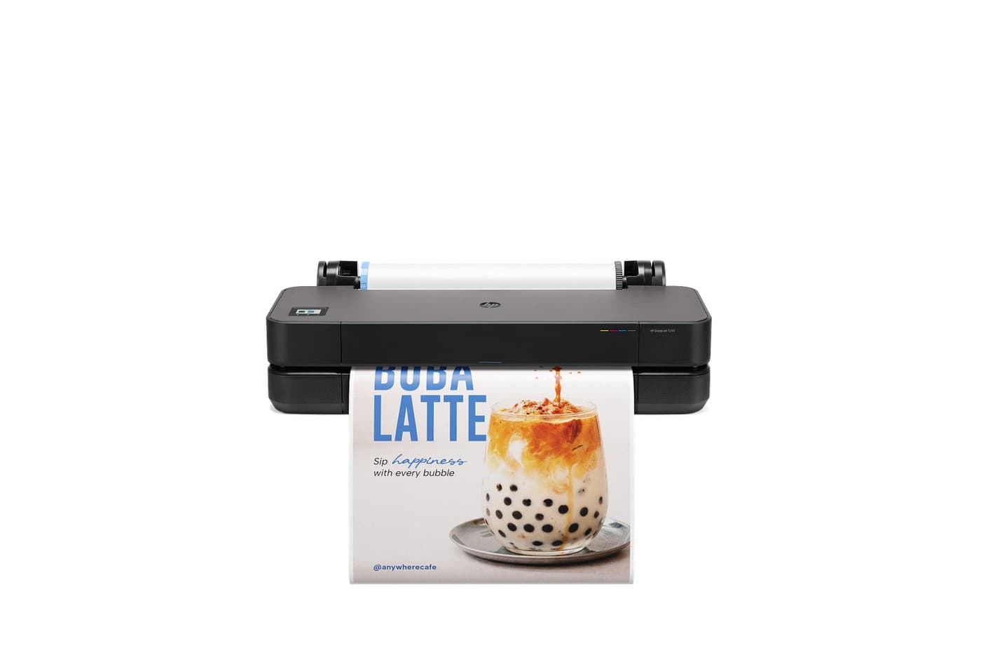 Plotter HP DesignJet T250 vista frontal imprimiendo un póster