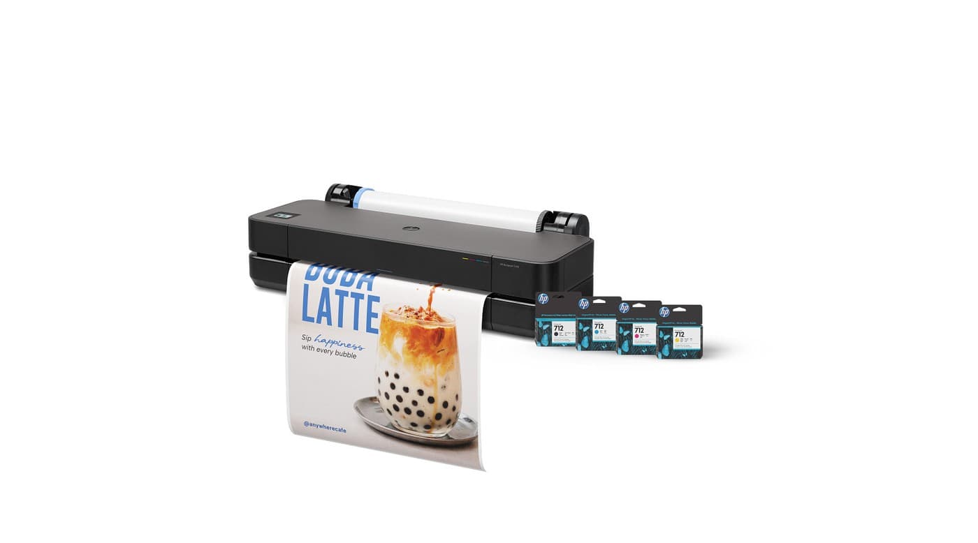 Plotter HP DesignJet T250 con sus cartuchos de tinta