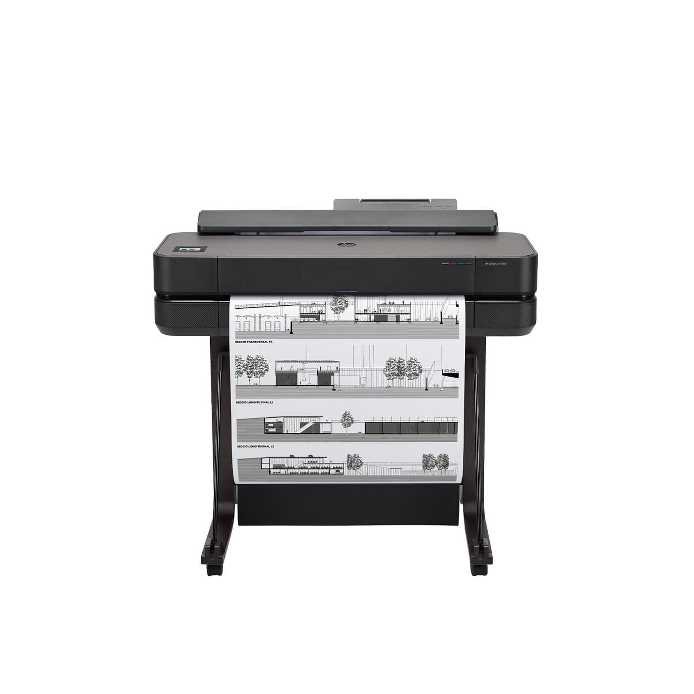 Plotter HP DesignJet T650 36" vista frontal con impresión