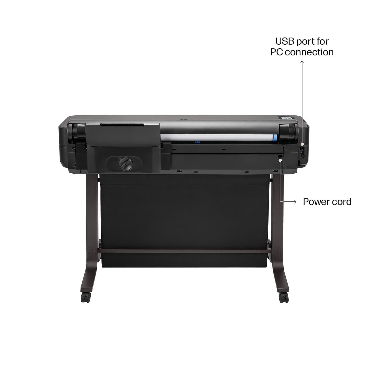 Plotter HP DesignJet T650 36" vista trasera con puerto USB y conexión de energía