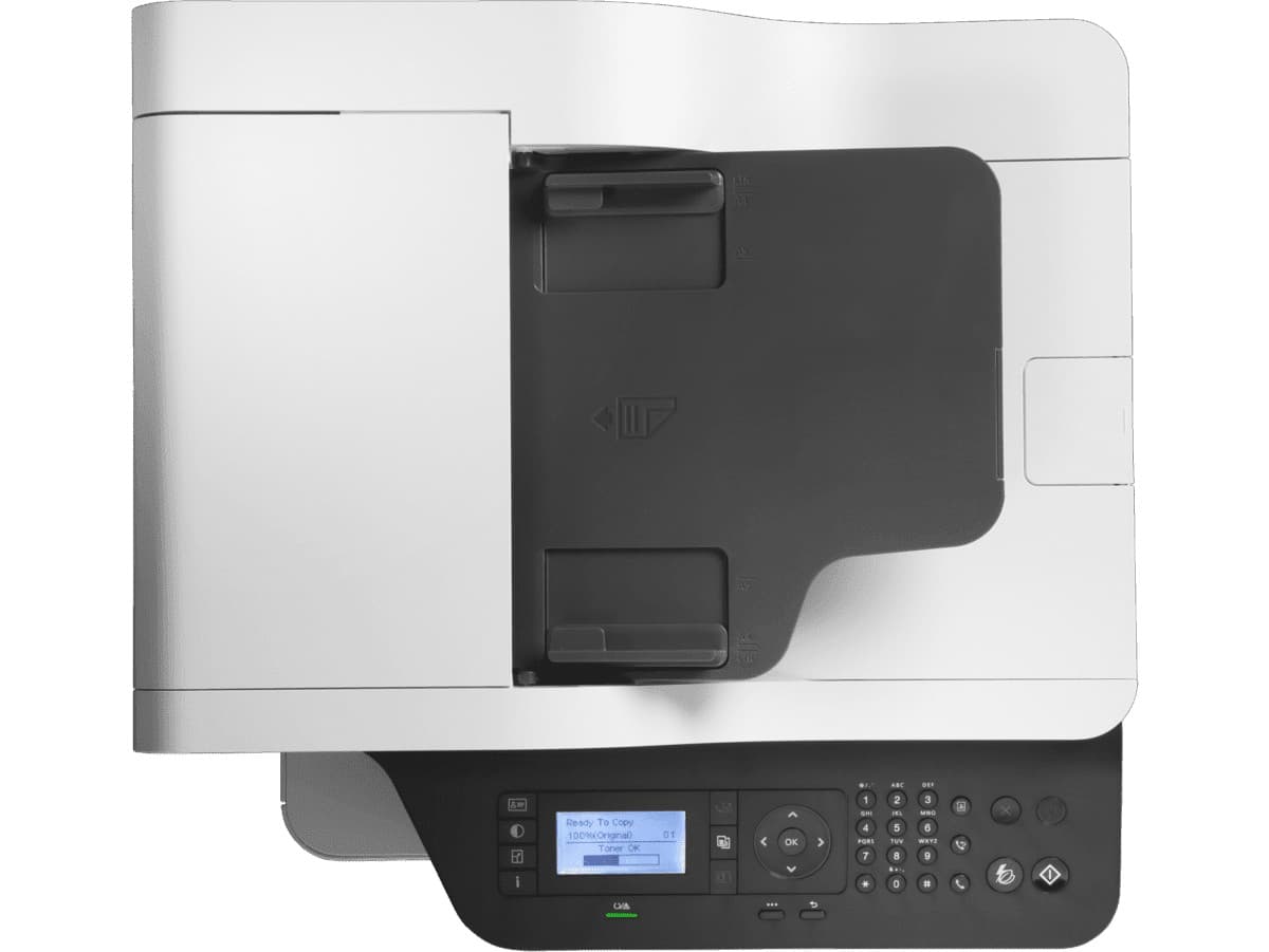 HP Laser MFP 432fdn vista superior con alimentador de documentos y panel de control