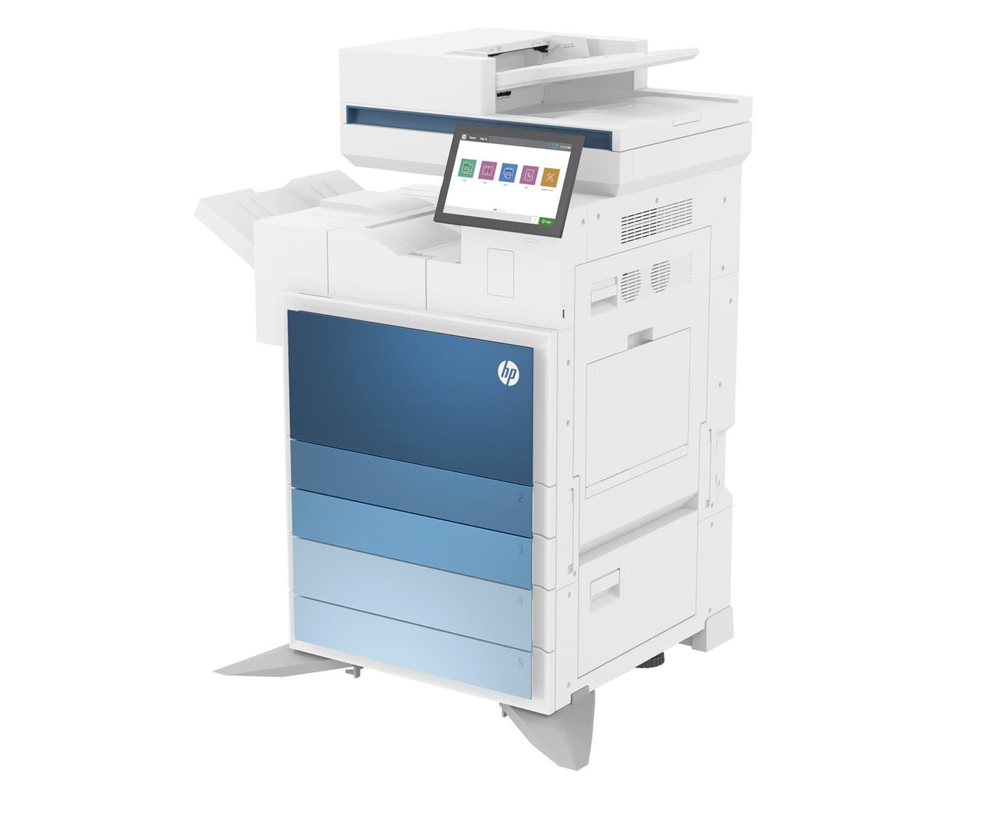 HP LaserJet Managed MFP E731dn vista en ángulo con bandejas y bandeja de salida