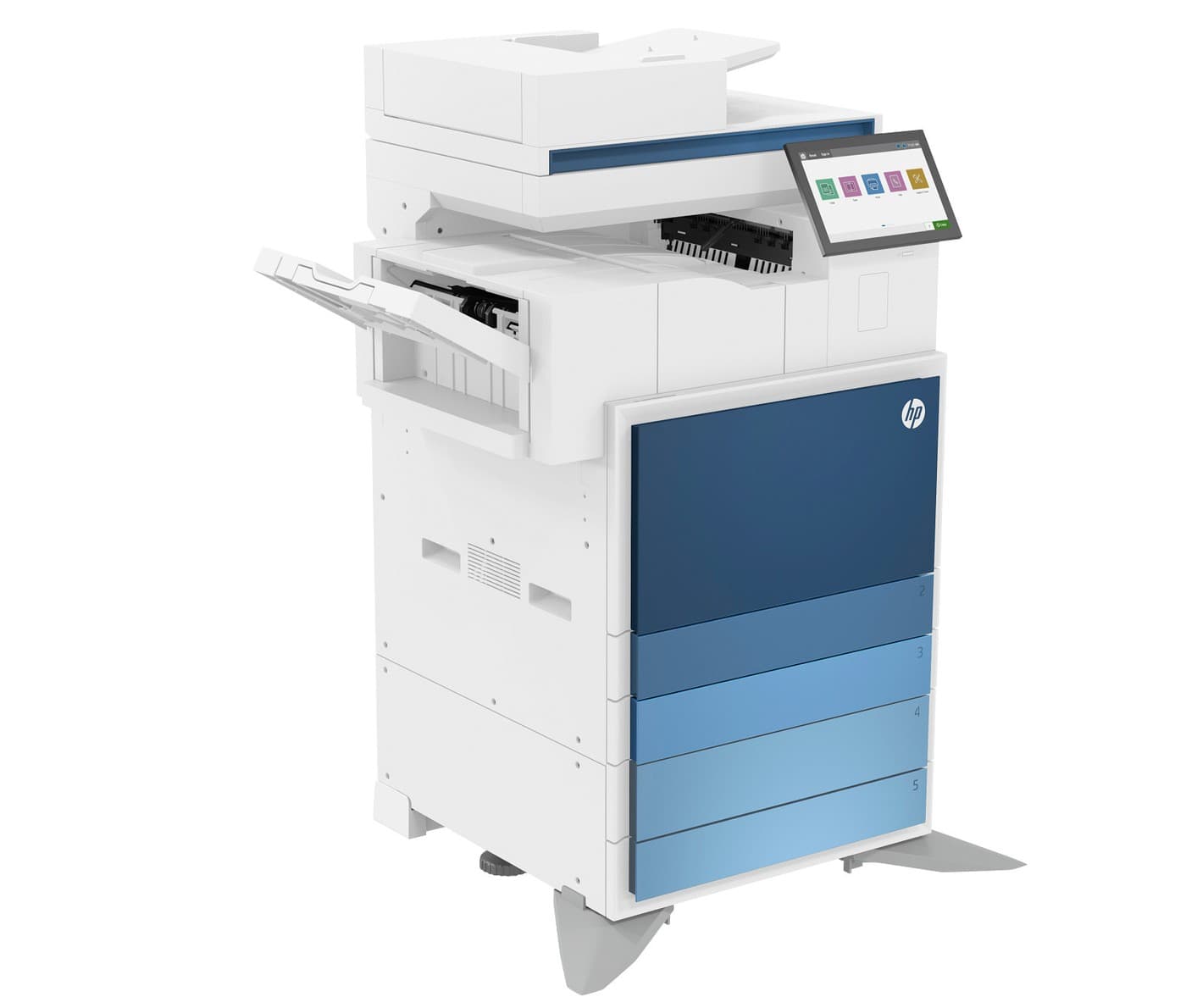 HP Color LaserJet Managed MFP E786dn vista frontal con finalizador interno
