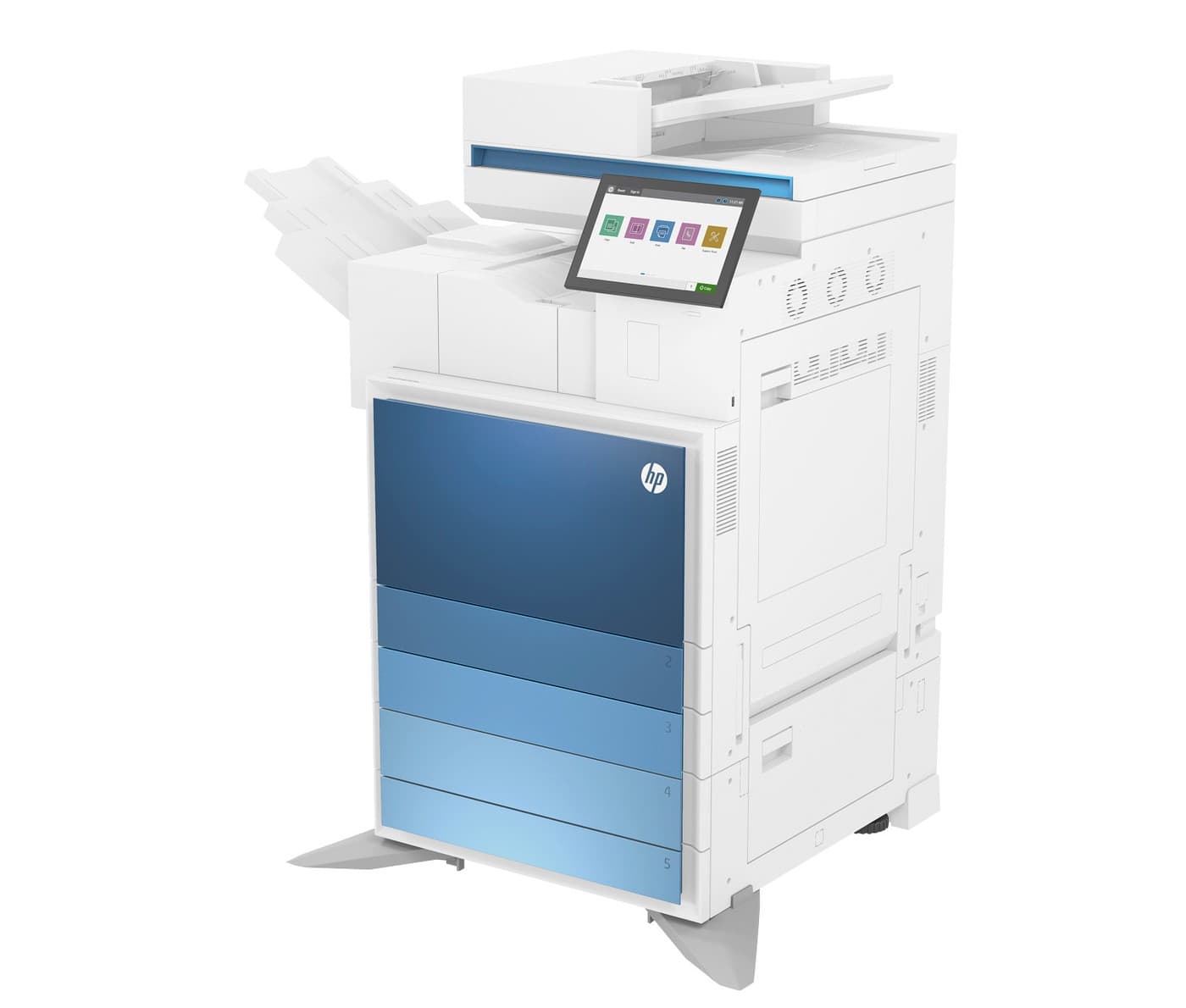 HP LaserJet Managed MFP E826dn vista en ángulo con bandejas opcionales