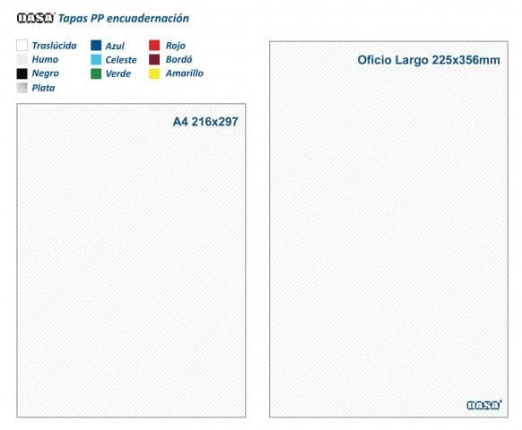 Tapas de polipropileno DASA para encuadernación Oficio, colores y medidas disponibles