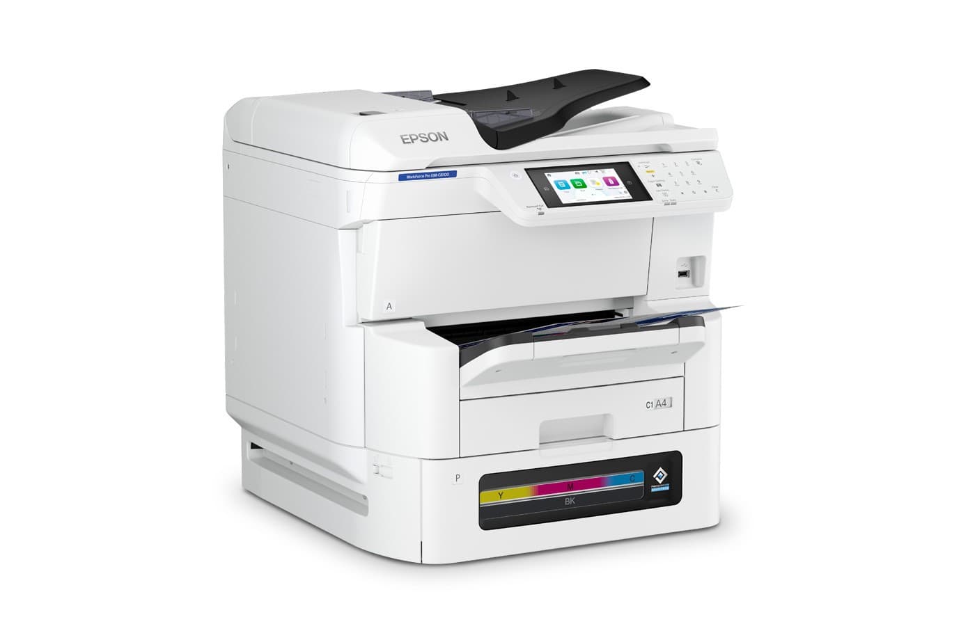Epson WorkForce Pro EM-C8100 vista lateral derecha con bandeja de salida