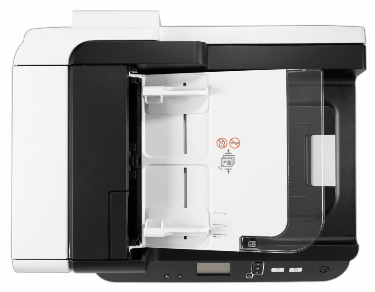 Escáner HP ScanJet Enterprise Flow 7500 con la tapa abierta mostrando el vidrio del escáner