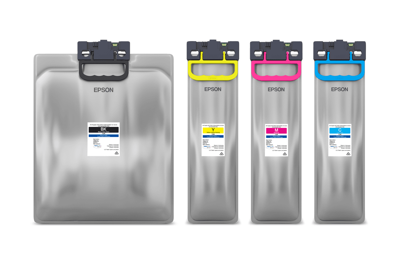 Las cuatro unidades de tinta Epson T13K: negro, amarillo, magenta y cyan